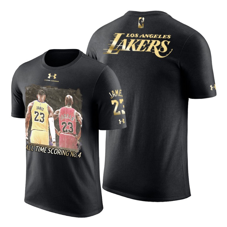 Men's Los Angeles Lakers LeBron James #23 NBA All-Time Scoring No.4 Silhouette vs Jordan Caricature Black Basketball T-Shirt QCD1783XB